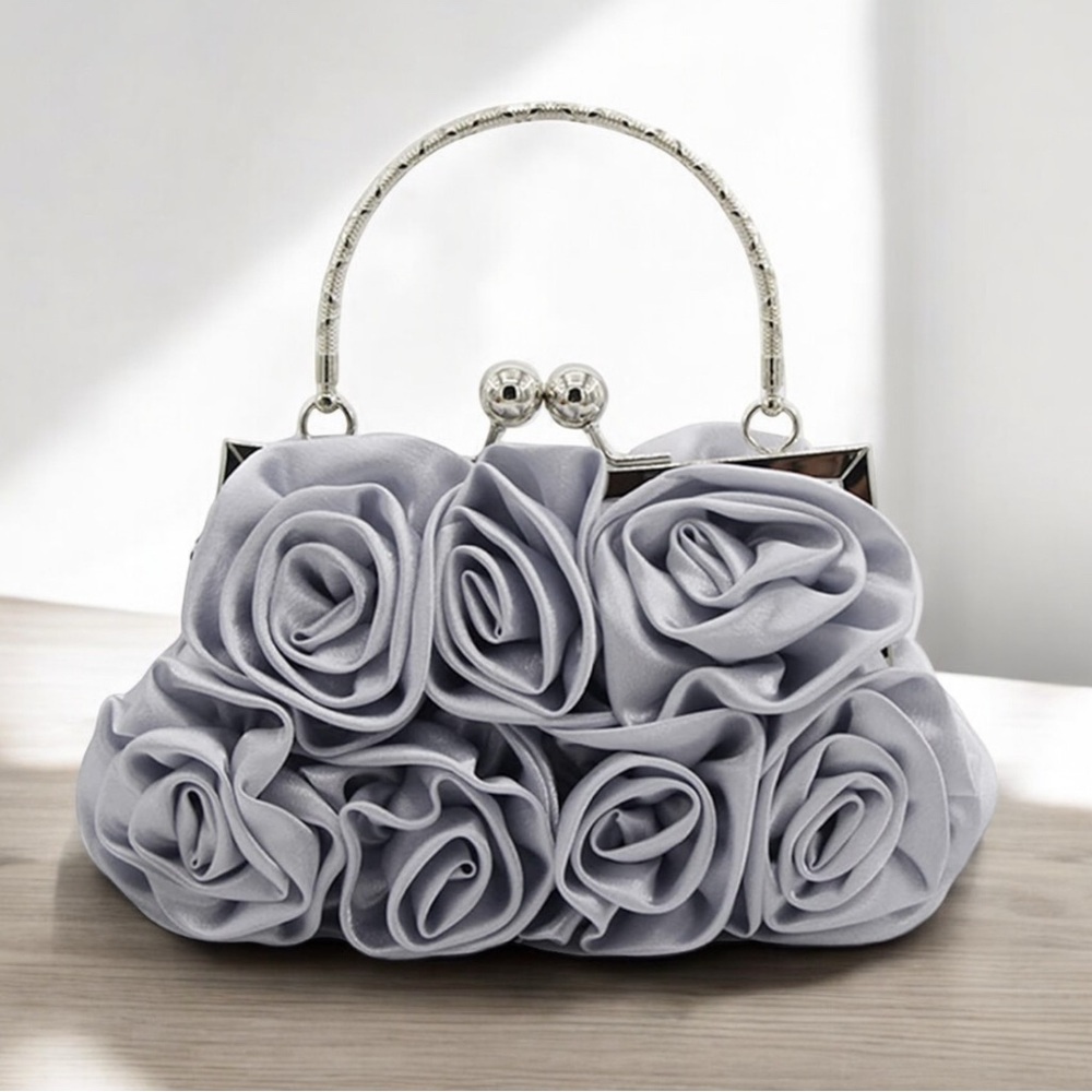 Gray Rosette Clutch with Silver Chain Handle